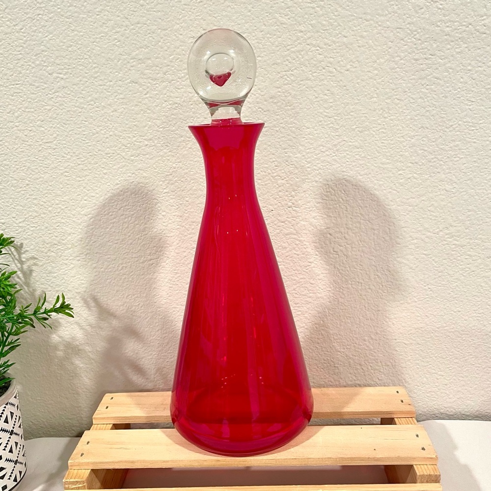 Vintage Ruby Red Glass Decanter w Clear Ball Stopper | Striking Color! | EUC